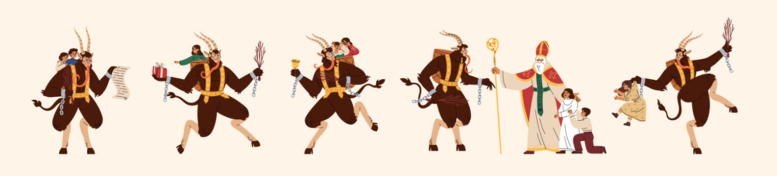 Scary krampus, Christmas pagan devil set. Horned evil Santa, bad folklore character visiting naughty kids. Xmas horror, demon goat, myth monster punishing children. Isolated flat vector illustrations