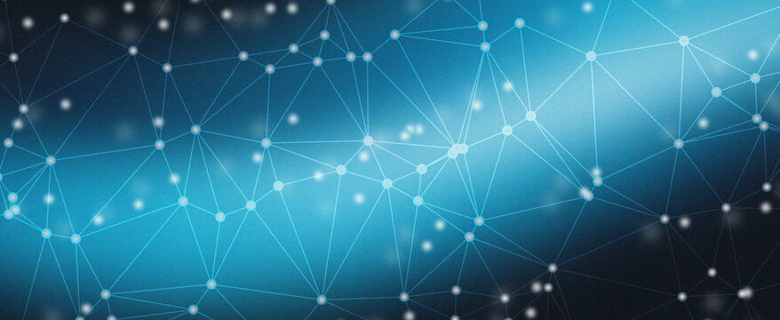 Abstract dark blue and cyan digital network technology background with connected dots and bokeh lights