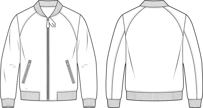 Men's Zip Up Bomber Jacket Technical Flat Sketch Front and Back View