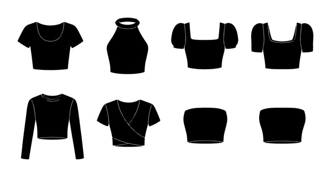 Black Crop Top Silhouettes, Fashion Apparel Vector Icons Set, Stylish Women's Clothing Collection for Design