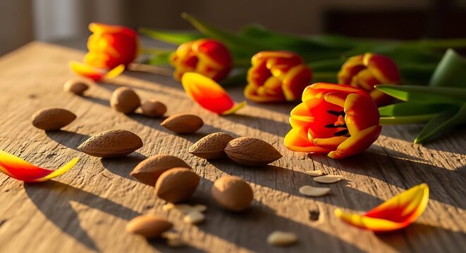 Fresh raw almonds scattered with vibrant orange and yellow tulips