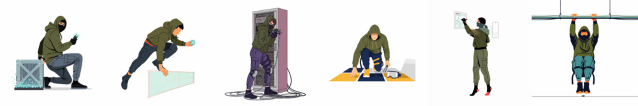 Set of illustrations showing high-tech burglars and hackers performing industrial espionage, data theft, and server infiltration in a flat vector style.
