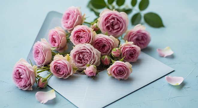 Beautiful bouquet of pink roses on a light blue background