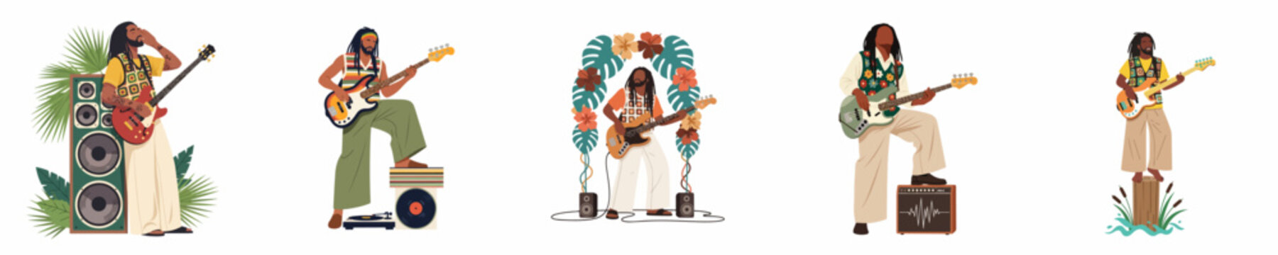 Collection of flat illustrations featuring a Black male bass guitar player in various musical and tropical settings, showcasing a reggae and jazz aesthetic.
