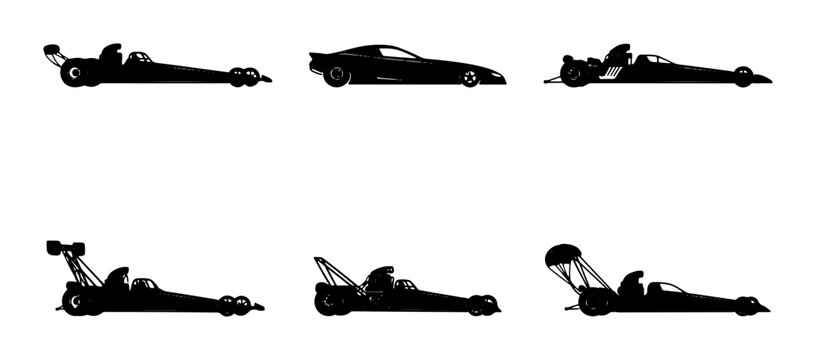 Drag Racing Cars, Silhouette Collection: Speed, Performance, Automotive Icons for Motorsport Graphics