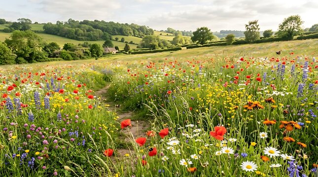Vibrant wildflower meadow blooming in the rolling english countryside landscape