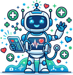 Naklejka premium Cute medical robot character holding a tablet with dna and heartbeat icons, healthcare technology and ai medicine concept illustration