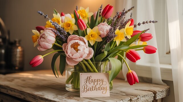 Beautiful spring bouquet of colorful tulips and yellow daffodils
