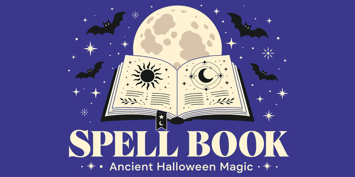 Spell book with moon and bats, magic grimoire illustration for halloween design, witch craft concept, occult symbol, mystical open book with sun and moon icons, vector graphic
