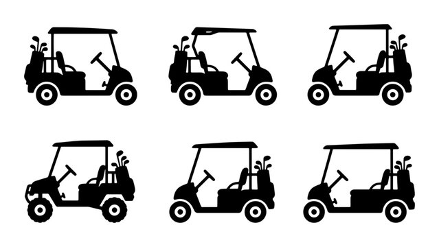 Golf Cart Silhouettes, Set of Six Vector Icons for Sports and Recreation, Black and White Transportation Graphics