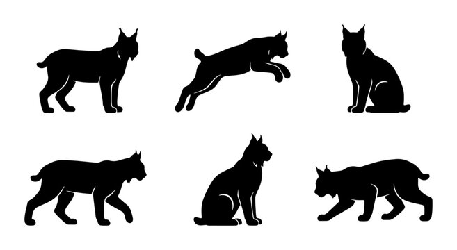 Six Silhouette Lynx Vector Icons, Wild Cat Poses Collection, Feline Animal Graphics for Wildlife Design