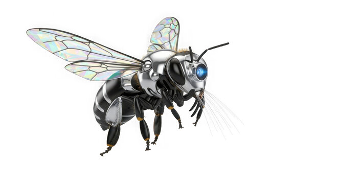 A mechanical robot bee flying with metallic wings and glowing blue eye technology design isolated on transparent background