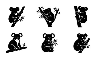 Set of 6 Black Koala Vector Icons, Cute Australian Marsupial Silhouettes on Tree Branches, Simple Wildlife Graphics for Nature and Animal Designs © Tanvir