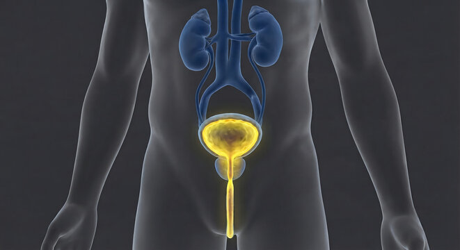 Medical 3D illustration highlighting the male urinary system, focusing on the kidneys, ureters, glowing yellow bladder, prostate, and urethra inside a human torso.