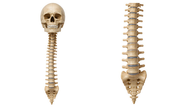 Anterior view of human skull and vertebral column isolated on white background