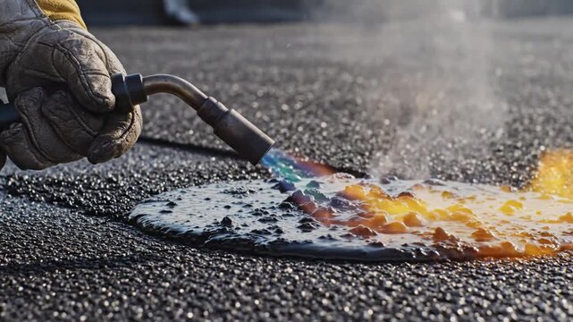 Worker using blowtorch to melt asphalt for roofing repair close-up