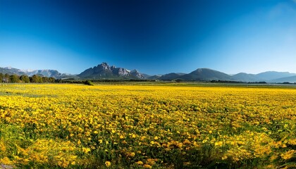 Fototapeta premium Vibrant Yellow Flower Field Under Clear Blue Sky With Distant Mountains