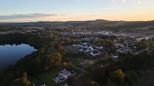 Bird's-eye aerial of Blessington town and lakes after sunset, County Wicklow, Ireland landscape