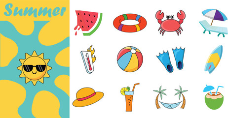 Cute summer holiday icon set vector illustration. Features sun, watermelon, beach ball, surfboard, hammock, and tropical drinks for vacation and travel design. © MdAlAminislam