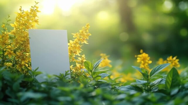Blank card amidst vibrant yellow flowers in a sunny garden setting. Easter, Pascha, Paskha, Ostern, Pascua, Paques - Orthodox and Catholic Holiday celebration