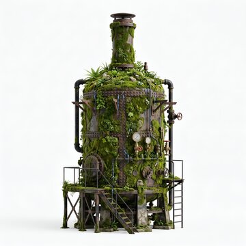 Abandoned industrial boiler overgrown with lush green moss and vegetation in decay