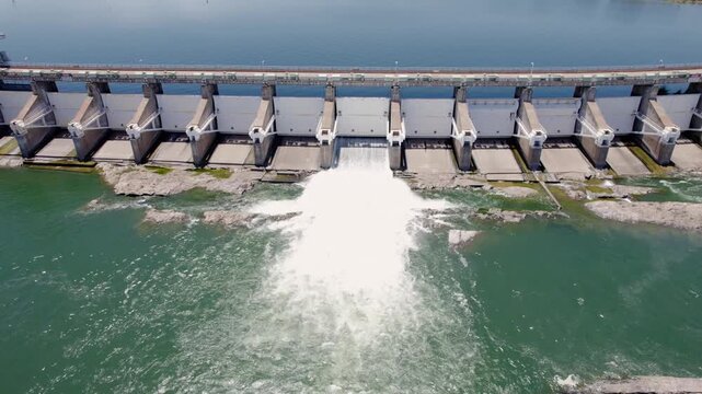 Water Discharging from Spillway Gate of Kununurra Diversion Dam on Ord River Kimberley Australia, Aerial Drone Shot
