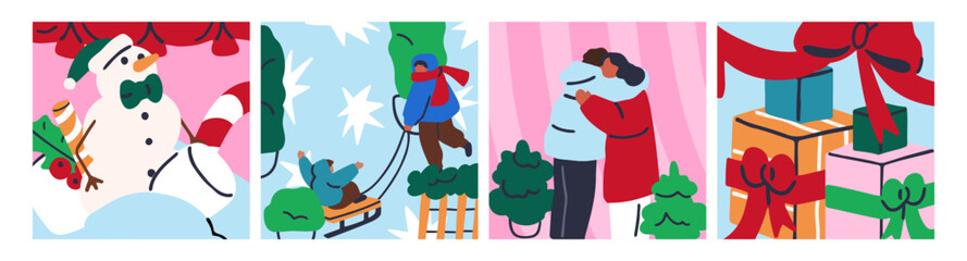 Obraz premium Christmas card designs set. Xmas and New Year, greeting square postcards. Seasonal winter holiday backgrounds with snowman, kids sledding, couple hugging, gift boxes. Flat vector illustrations
