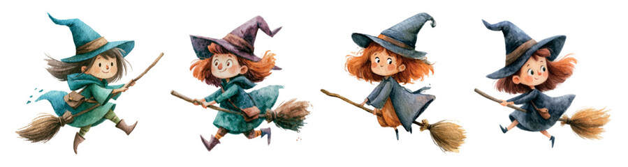 Little witches flying on broomsticks, creating magic and joy, a charming childhood fantasy illustration for halloween and fairytale themes on a white background