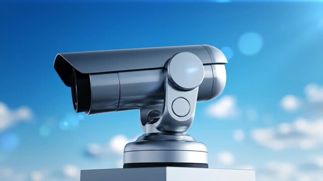 3D animation of security camera rotating against blue sky. Wireless IP camera monitoring cloud environment. Smart city technology concept