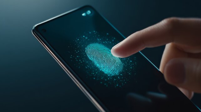 Fingerprint biometric authentication scanning on modern smartphone touchscreen device for secure digital access control with touching glowing digital