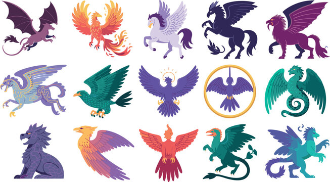 Mythical Flying Creatures and Fantasy Monster Vector Sticker Pack with Fire Phoenix, Winged Pegasus, Griffin, and Majestic Dragons for Gaming and Medieval Graphic Designs