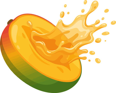 Fresh mango fruit slice with juice splash isolated on white background