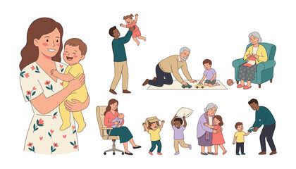 Fototapeta premium Multigenerational family vector illustration set with parents grandparents and children playing bonding knitting hugging and caring for happy babies.