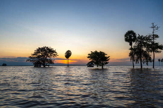 Small hut on Lake Tempe at sunset, Sulawesi, Indonesia