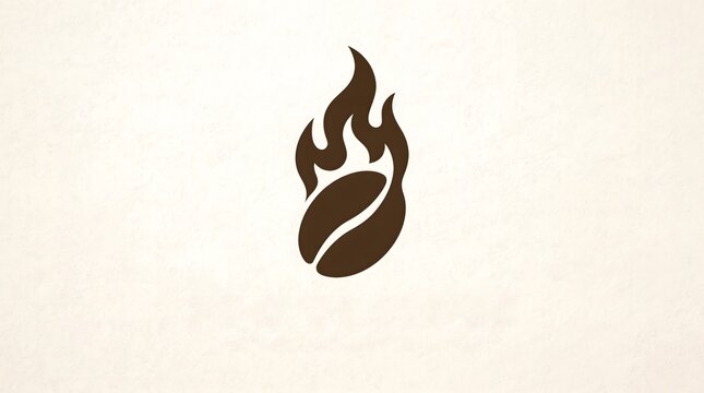Minimalist vector logo of a dark brown roasted coffee bean combined with a dynamic flame element, isolated on a light textured background