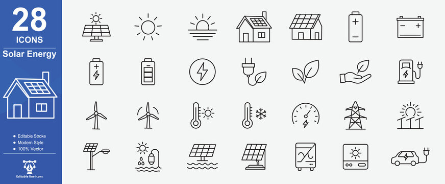 Solar Energy Icons Collection Line Style Illustrations Depicting Renewable Power Sources, Solar panel, green energy, battery, renewable energy,