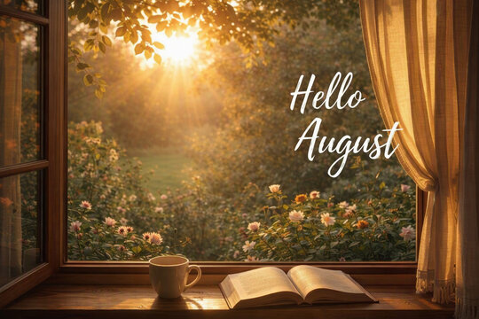 Hello August &mdash; open window, wooden sill with cup and an open book, morning sunlight. Blooming garden outside. Seasonal greetings, typography, postcard, calendar.