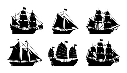 Set of 6 Vintage Sailing Ships, Silhouette Vector Collection. Nautical Vessels, Maritime Transport, Old Sailboats for Adventure and Exploration Graphics © Farzana