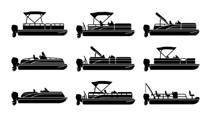 Pontoon Boat Silhouettes Collection, Nautical Watercraft Icons, Marine Vessels Vector Set for Summer Recreation and Boating Graphics © Farzana