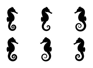 Six Black Seahorse Silhouettes, Marine Life Vector Icons, Nautical Ocean Creatures, Underwater Animal Graphics, Simple Aquatic Design Elements © Imran