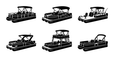 Pontoon Boat Silhouettes, Watercraft Collection, Nautical Vessels, Marine Transport Icons, Vector Graphics for Recreation and Leisure © Imran