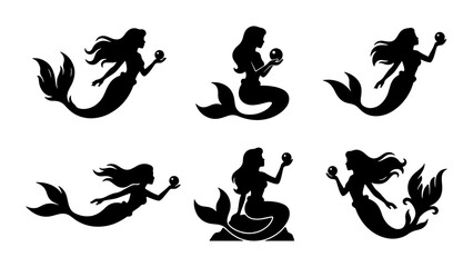Obraz premium Mermaid Silhouettes Vector Set, Mythical Sea Creatures, Fantasy Ocean Icons, Nautical Design Elements, Black and White Graphics