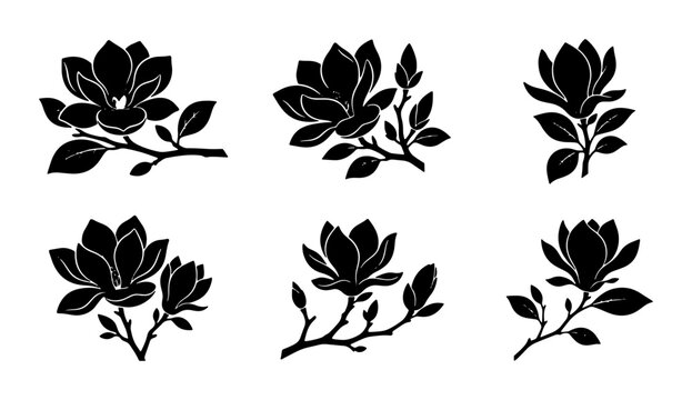 Black Magnolia Flower Silhouettes, Elegant Botanical Vector Illustrations, Delicate Floral Branch Designs, Set of Six Stylized Bloom Graphics