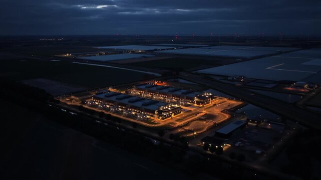 Aerial night view of a large, modern hyperscale data center facility. The illuminated complex represents global cloud computing and ai infrastructure