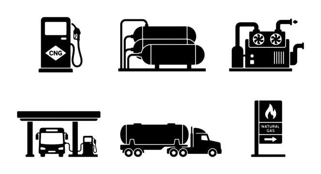 Compressed Natural Gas (CNG) Station Icons, Fuel Pump, Storage Tanks, Truck, and Signage Vector Set. Clean, Modern Industrial Energy Graphics for Transportation and Infrastructure Concepts.