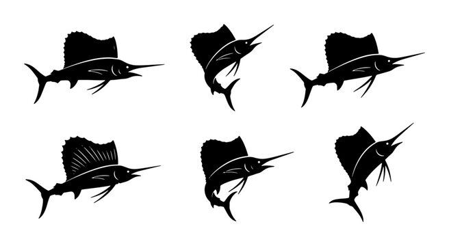 Sailfish Silhouette Collection, Dynamic Ocean Wildlife Vector Icons, Marine Sport Fishing Graphics, Black and White Aquatic Animal Set