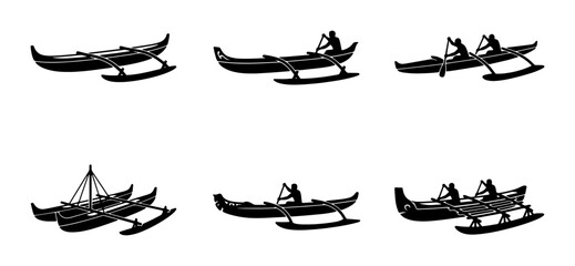 Outrigger Canoe Silhouettes: Single, Double, and Triple Paddlers, Sailing Vessel, Nautical Sport, Watercraft Collection © Farzana