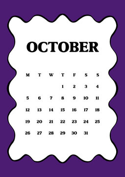A4 October 2026 Monthly Calendar in Purple for Bullet Journal Background