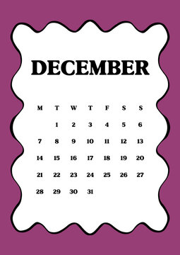 A4 December 2026 Monthly Calendar in Purple for Bullet Journal Background