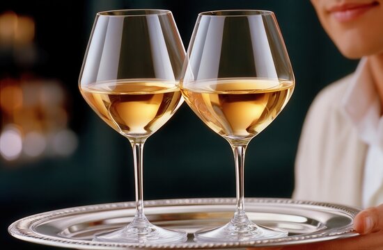 Two wine glasses of white wine on a silver tray held by a server in an elegant setting